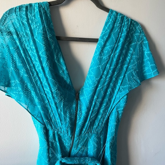 Alice & Olivia Silk-Cotton Tie-Waist Wrap Turquoise Dress - 8 - Picture 9 of 15